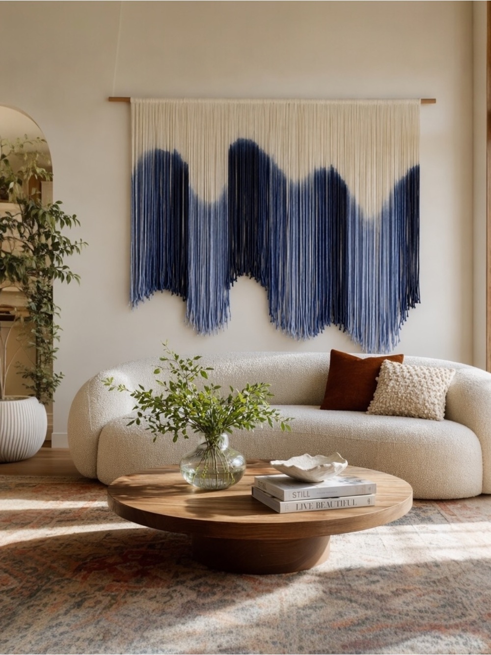 NEW Anthropologie XL Blue Dip Dyed Boho Tapestry Macrame Wall Hanging Art 57x40